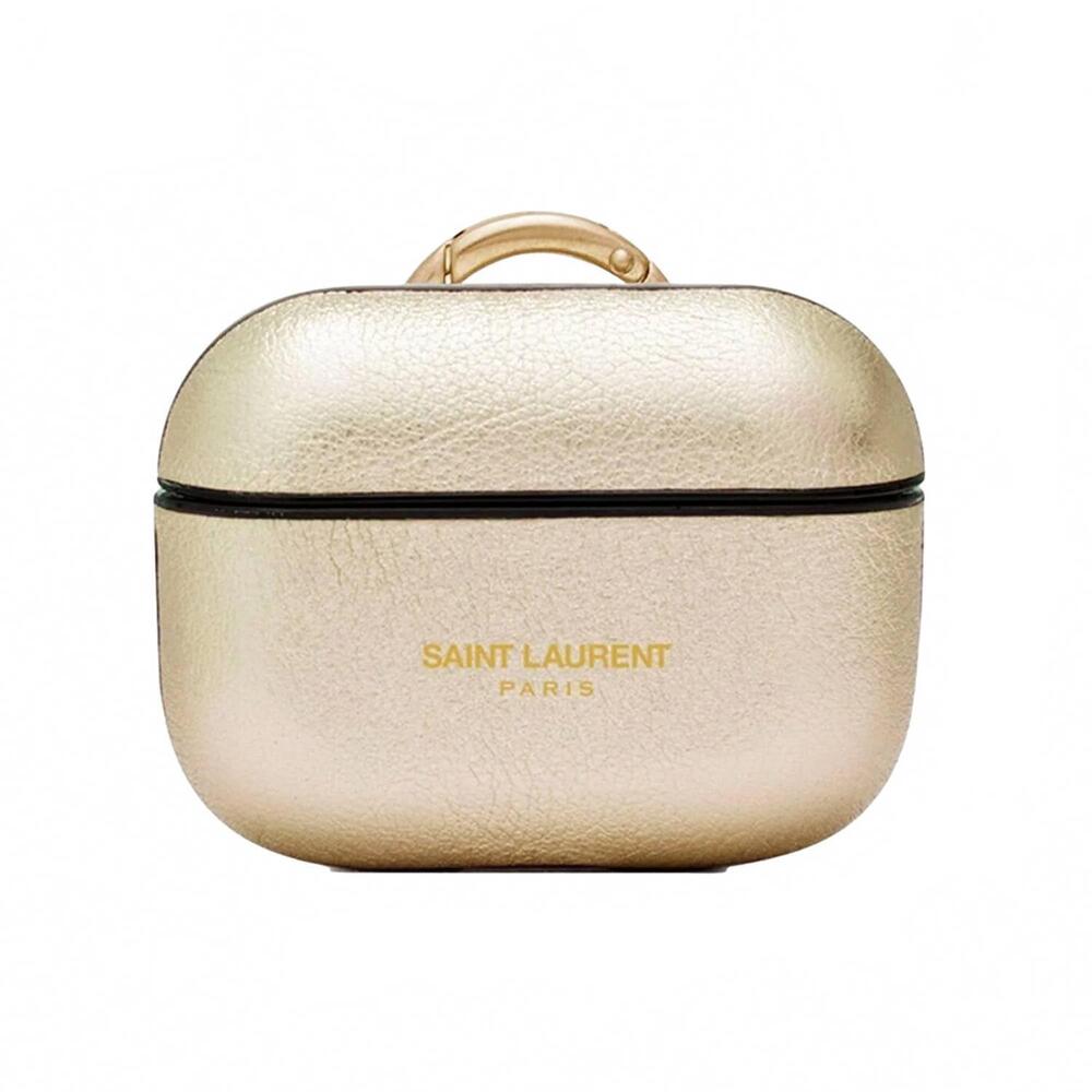 NEW SAINT LAURENT women's metallic leather airpods pro case in gold